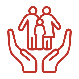 Icon showing three people standing on two hands representing trust and relationships